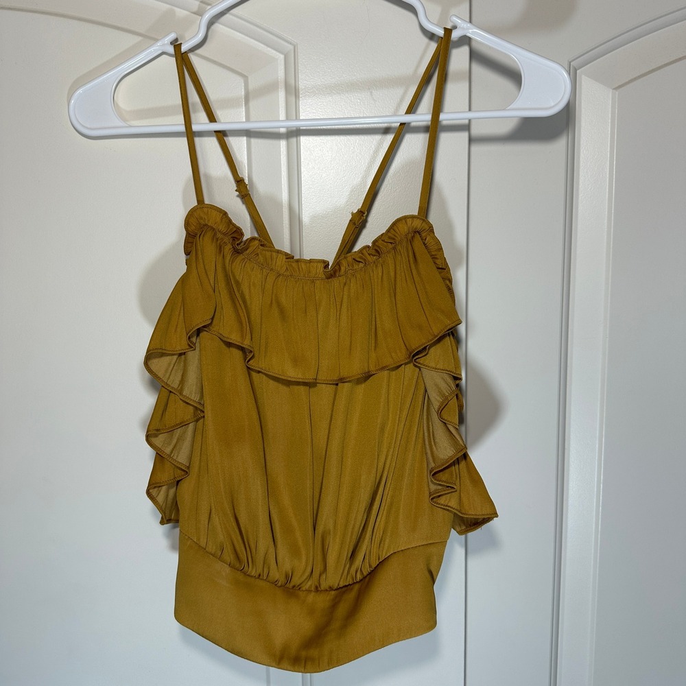 Free People Ruffle Cami Top Womens Medium Mustard Yellow‎ Smocked Cropped Satin